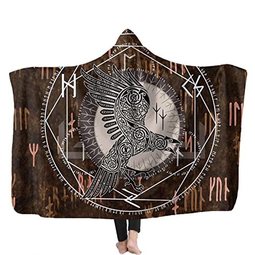 YEOL Wikinger Odins Decke mit Kapuze Weich Wohndecke Schlafdecke Sofadecke Plüschdecke Pelzdecke Wearable Nordisch Mythologie Sherpa Blanket (E, Erwachsene 150x200CM) von YEOL