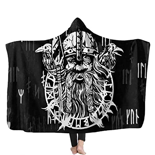 YEOL Wikinger Odins Decke mit Kapuze Weich Wohndecke Schlafdecke Sofadecke Plüschdecke Pelzdecke Wearable Nordisch Mythologie Sherpa Blanket (F, Erwachsene 150x200CM) von YEOL
