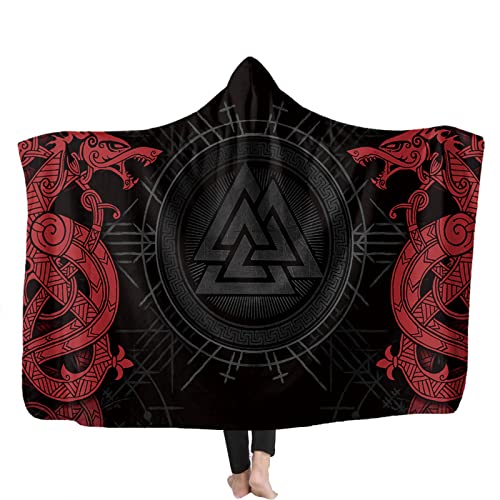 YEOL Wikinger Odins Decke mit Kapuze Weich Wohndecke Schlafdecke Sofadecke Plüschdecke Pelzdecke Wearable Nordisch Mythologie Sherpa Blanket (G, Erwachsene 150x200CM) von YEOL