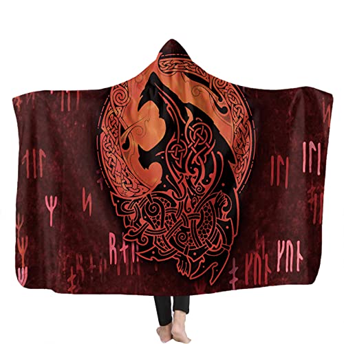 YEOL Wikinger Odins Decke mit Kapuze Weich Wohndecke Schlafdecke Sofadecke Plüschdecke Pelzdecke Wearable Nordisch Mythologie Sherpa Blanket (H, Kinder 130x150CM) von YEOL