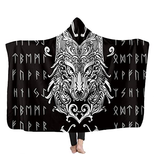 YEOL Wikinger Odins Decke mit Kapuze Weich Wohndecke Schlafdecke Sofadecke Plüschdecke Pelzdecke Wearable Nordisch Mythologie Sherpa Blanket (I, Erwachsene 150x200CM) von YEOL