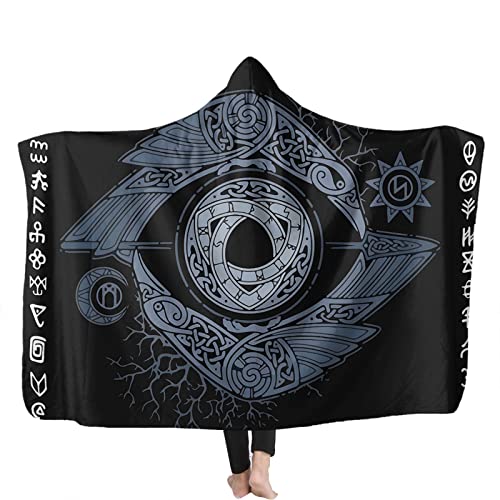 YEOL Wikinger Odins Decke mit Kapuze Weich Wohndecke Schlafdecke Sofadecke Plüschdecke Pelzdecke Wearable Nordisch Mythologie Sherpa Blanket (K, Erwachsene 150x200CM) von YEOL