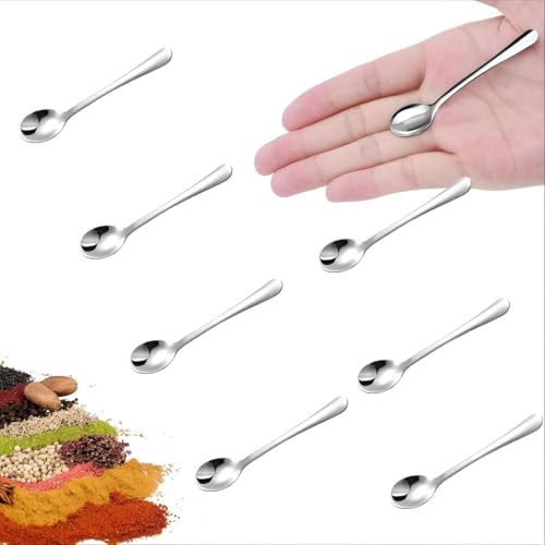 YEOVIBL 8 Stück Mini Löffel Set, Kleine Edelstahllöffel für Gewürzgläser, Salz, Zucker, Pfeffer, Honig, Kaffee, Dessert, Kondiment Löffel, SUS 304 Kleine Löffelchen (8 Stück klein (7,5 cm)) von YEOVIBL