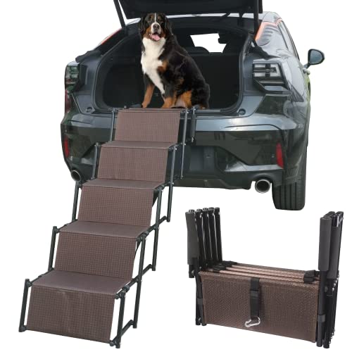 YEP HHO 5 Stufen Verbesserte Hunderampen für große Hunde, Auto, leicht, rutschfest, faltbar, tragbare Hundetreppe mit wasserdichter Oberfläche, ideal für Autos, LKW, SUVs (Braun) von YEP HHO