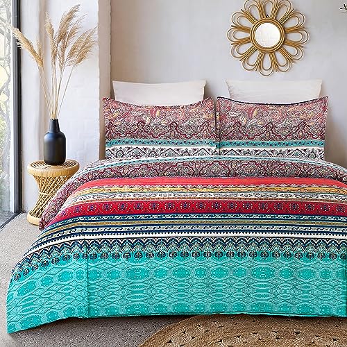 YEPINS Bohemian Bettwäsche 200x200 cm 100% Mikrofaser Boho Indischen Mandala Böhmisch Wendebettwäsche Set 3 Teilig Bettbezug mit Reißverschluss und 2 Kissenbezug 80x80cm (Türkis Grün,200x200) von YEPINS