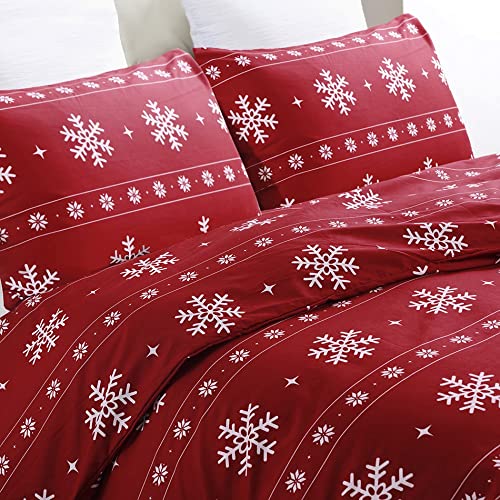 YEPINS Weihnachten Bettwäsche 155x220 Rot Schneeflocken Mikrofaser Weihnachts Motiv Bettbezug Set 2 teilig - 1 Bettbezug 155x220 cm mit Reißverschluss + 1 mal 80x80cm Kissenbezug von YEPINS