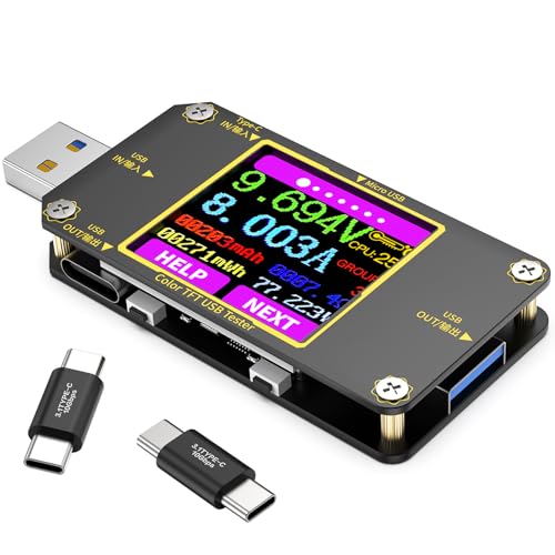 YEREADW USB Tester Messgerät USB C Strommessgerät Power Meter Digital Multimeter, Voltmeter Spannung Strom, Ladestrom Leistungskapazität Detektor Amperemeter mit Typ-C Adapter (A3) von YEREADW