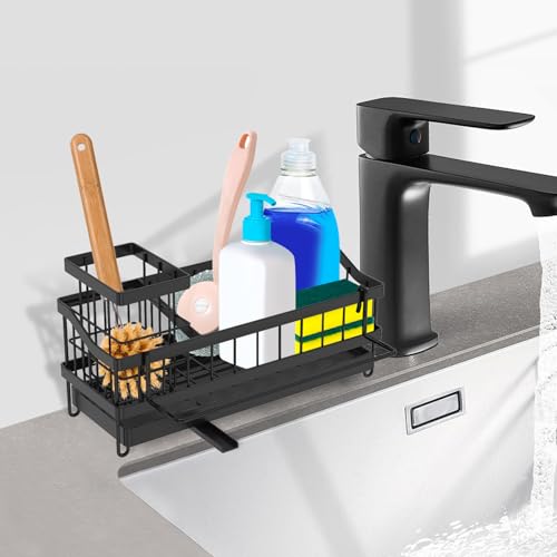 YERENCY Spülbecken Organizer Küchen, Schwarzer Spülorganizer aus Metal mit 360° Drehbarem Abflussablauf für Küchenzubehör Schwamm, Bürste, Spülseife, 24x13x9cm (Schwarz-1 Stück) von YERENCY