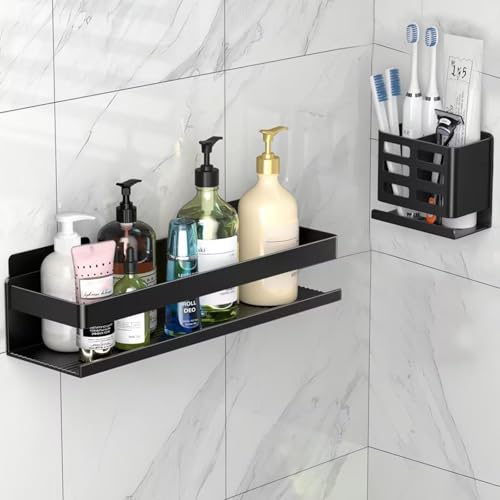 YESENT Duschregal aus schwarzem Aluminium, 2-teiliges Set, verdicktes und stabiles Badezimmer-Aufbewahrungsregal, Zahnbürstenhalter, kein Stanzen oder Bohren zur Installation erforderlich von YESENT