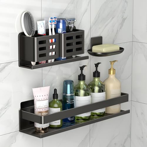 YESENT Duschregal aus schwarzer Aluminiumlegierung, 40 cm, dreiteiliges Set, verdicktes und stabiles Badezimmer-Aufbewahrungsregal, kein Stanzen oder Bohren zur Installation erforderlich von YESENT