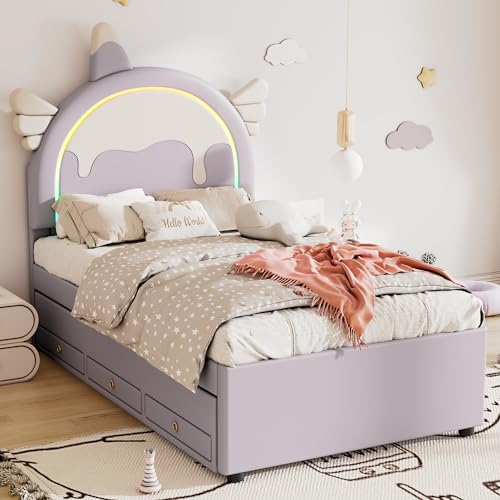 YESGIGA 140x200cm Cartoon Kinderbett, Einhornform, ausgestattet mit ausziehbares rollbett, PU-Material (Violett, 90x200cm) von YESGIGA