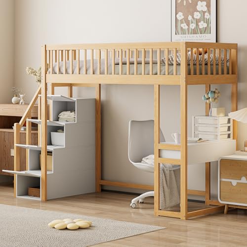 YESGIGA 90x200 Hochbett mit Multifunktionstisch, sicherer Aufbewahrungstreppe, Bettgestell aus massivem Kiefernholz für Kinder und Jugendliche (Weiß + Eiche hell) von YESGIGA
