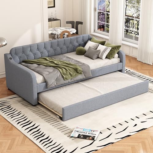 YESGIGA 90x200cm Schlafsofa, Tagesbett, mit ausziehbares Rollbett, USB-Anschluss (Grau) von YESGIGA