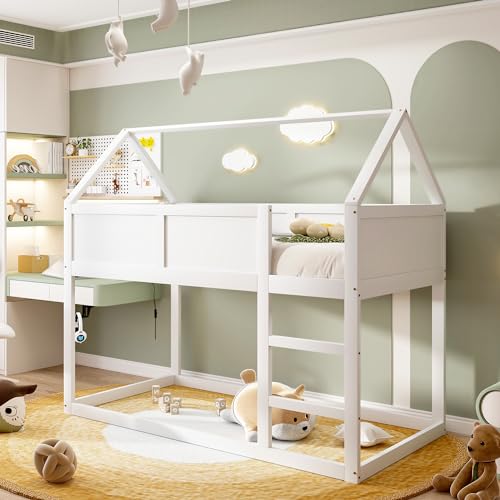 YESGIGA Etagen-Kinderbett, 90x200 cm, niedriges Etagen-Einzelbett, Hochbett mit Treppe, Massivholzrahmen (Weiß) von YESGIGA