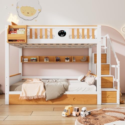 YESGIGA Etagenbett mit Treppe, Kinderbett mit 4 Schließfächer in der Treppe, mit Fallschutzgitter und 2 Schubladen, Reichlich Stauraum von YESGIGA