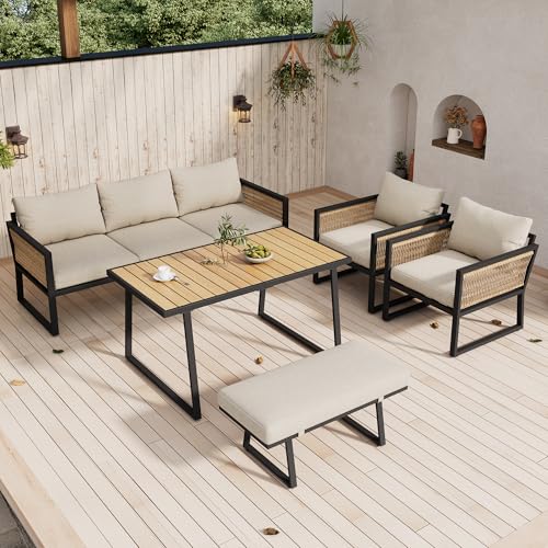 YESGIGA Garten-Essgruppe,Garten Loungesessel Set, 5-TLG. Gartenmöbel Set, 3er Sofa, 2 Sessel, Hocker und Esstisch von YESGIGA