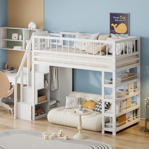 YESGIGA Hochbett 90 x 200, Hochzaun-Sicherheitsdesign mit Kleiderschrank, Regalen und Stauraum mit Sicherheitskletterleiter, Multifunktionsbett, Massivholzbett (Weiß) von YESGIGA