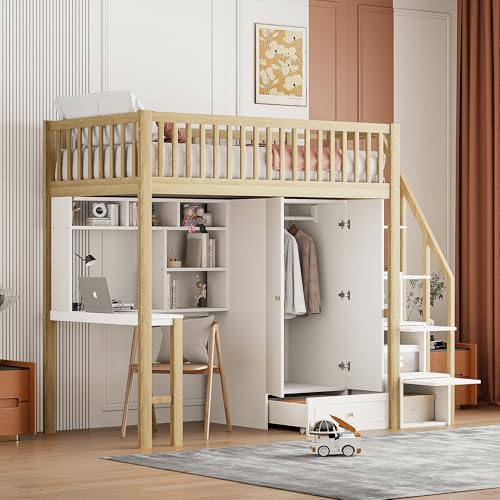 YESGIGA Hochbett 90 x 200 mit großem Kleiderschrank Regal und Tisch, Stauraum Treppe Mehrzweckbetteinheit Holzbettgestell (Weiß+Holzfarbe) von YESGIGA