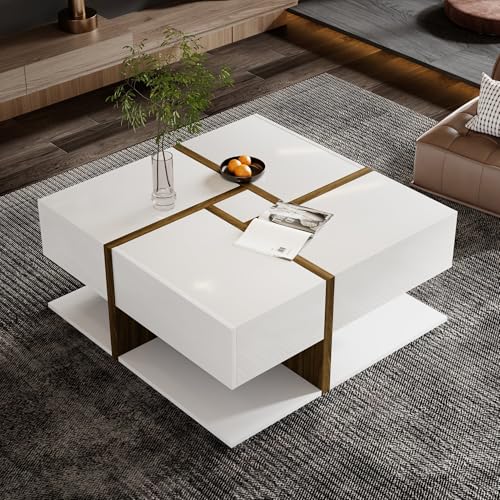 YESGIGA Hochglanz-Couchtisch, Tisch mit 4 Schubladen, einzigartige Farbabstimmung und Liniendesign, Stauraum unten (Weiß und Natürlich) von YESGIGA