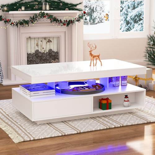 YESGIGA Hochglanz Couchtisch mit 4 Glasplatten, 2 Schubladen und 2 offenen Fächern, Unterschrank im Wohnzimmer, Couchtisch (Weißer) von YESGIGA