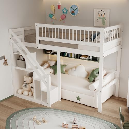 YESGIGA Massivholzbett 90x200, Treppe mit Aufbewahrungsschrank, Kinderbett, Jugendbett, Einzelbett (Weiß, 90x200) von YESGIGA