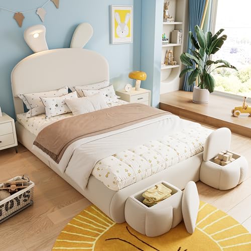 YESGIGA Polsterbett, Doppelbett, hydraulisches Bett, Hasenohren mit Einstellbarer Helligkeit warmfarbenen Lichtstreifen, Stauraum unter dem Bett, mit Zwei Aufbewahrungshockern (Beige, 140x200cm) von YESGIGA