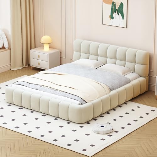 YESGIGA Polsterbett 140 x 190 cm, Jugendbett, Doppelbett mit weicher Rückenlehne, Flachbett mit Polsterumrandung, Lattenrost Leinen（Ohne Matratze） (Beige) von YESGIGA