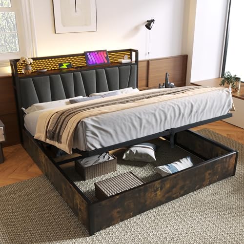 YESGIGA Polsterbett Metallbett LED App-Control Doppelbett mit Aufladen USB Ladefunktion Kopfteil und LED-Beleuchtung,Metallbett 180x200cm Lattenrost aus Holz, Grau (Ohne Matratze) (180x200cm) von YESGIGA