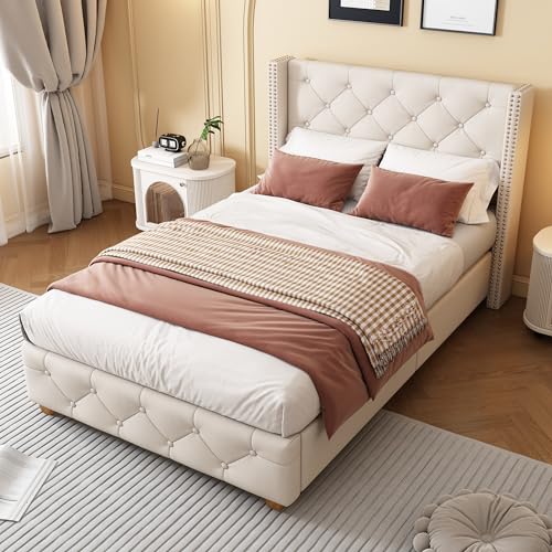 YESGIGA Polsterbett mit Lattenrost und Kopfteil, Knopfpolsterung, Nietenpolsterung, Holzbeine, Samt (Beige, 90x200cm) von YESGIGA