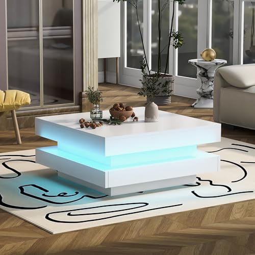 YESGIGA Quadratischer Couchtisch in Weiß - moderner technologischer Stil mit 16-Farbiger LED-Beleuchtung,max. Belastung 3 kg (Weiß) von YESGIGA