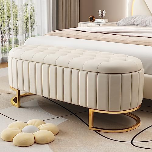 YESGIGA Stauraum-Schlafkoffer und Fußbank 120 x 40 cm, gepolsterte Fußbank mit Stauraum, Sofabank Bank, Samtstoff (Beige) von YESGIGA