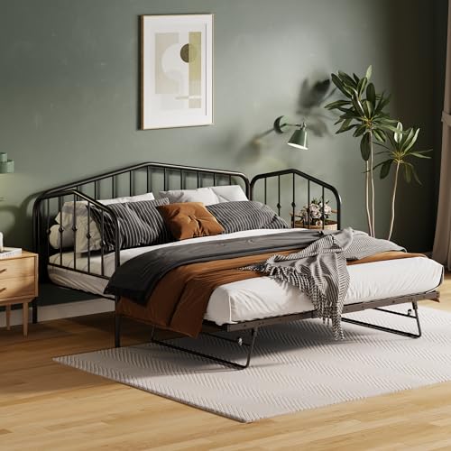 YESGIGA Tagesbett 90 x 200, Metallbett mit Ausziehbett. Zwei-in-Eins-Schlafsofa 90 (180) x 200, schwarz von YESGIGA