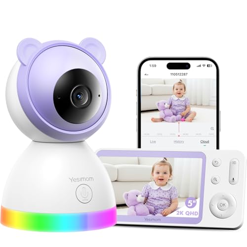 YESIMOM Babyphone with Camera 2K/3MP, 5" HD WLAN Video Babyfon with App, IR/RBG Nachtsicht, PTZ 360°, Weinging/Bewegungs-Erkennung, AI-Tracking, Bereich Alarme, 2-Wege-Audio, Hohe Reichweite von YESIMOM