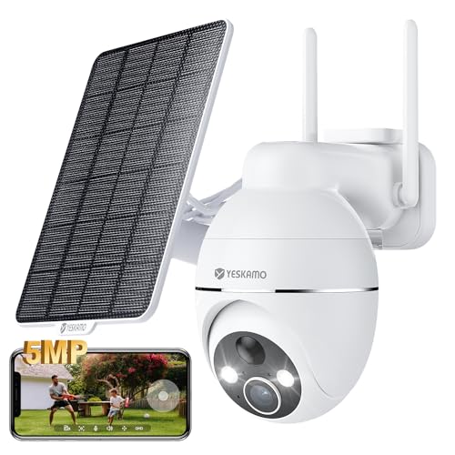 YESKAMO 3K 5MP Überwachungskamera Aussen Akku Solar IP66 Kamera Überwachung Aussen Solar, 360° PTZ Farbige Nachtsicht, PIR Bewegungsmelder, Nur 2,4GHz WLAN, Weißlicht mit Sirene 2-Wege-Audio von YESKAMO