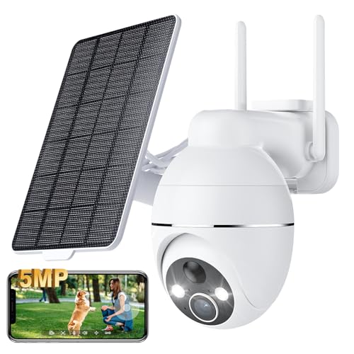 YESKAMOU 3K 5MP Überwachungskamera Akku drahtlose WiFi Außenkamera, 360° PTZ-Überwachungskamera mit Solarpanel, 2.4GHZ&Bluetooth, Farb-Nachtsicht, PIR-Alarm, Bewegungserkennung von YESKAMOU