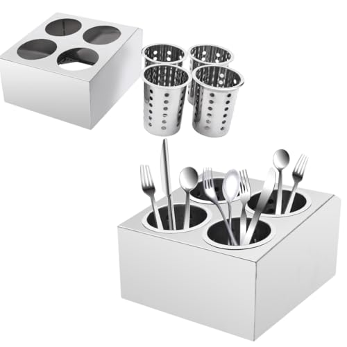 4-Loch Besteckhalter Mit Metallrahmen Spülbecken Organizer Utensilienhalter Für Küchenschrank/Arbeitsplatte Küchenutensilienhalter Besteckkorb Tisch aus Kunststoff Für Gabeln/Löffel/Messer Silber von YESTAIM