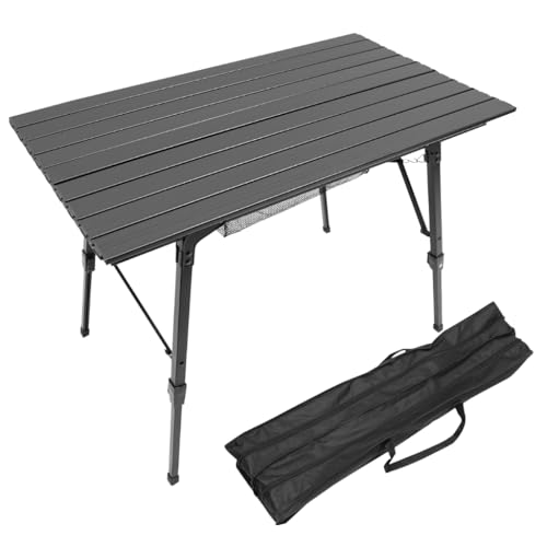 Campingtisch Aluminium 90*51*45-65cm leicht Klappbar Höhenverstellbar Camping Aufrollbare Tischplatte Falttisch Garten Outdoor Klapptisch Gartentisch Bis 30kg inkl Tragetasche Mit Netztasche (Schwarz) von YESTAIM