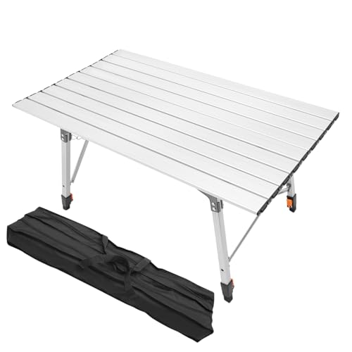 Campingtisch Aluminium 90*51*45-65cm leicht Klappbar Höhenverstellbar Camping Aufrollbare Tischplatte Falttisch Garten Outdoor Klapptisch Gartentisch Bis 30kg inkl Tragetasche Mit Netztasche (Silber) von YESTAIM