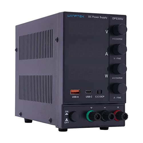 DPS305U Einstellbares DC-Netzteil - Schwarz (Eurostecker 220V) - Variables DC-Netzteil mit USB-A/Type-c-Schnellladeanschluss, hochpräzise 4-LED-Anzeige Bank Encoder Controller Power Supply von YESTAIM