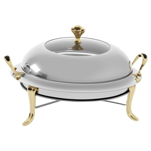 Wärmebehälter Chafing Dish Rund Servierschale Warmhalteplatte Mit Glas Edelstahl Deckel Gestell Brennpastenbehälter Lebensmittelpfanne Warmhaltebehälter Speisewärmer Behälter 3L (Gold Griff) von YESTAIM