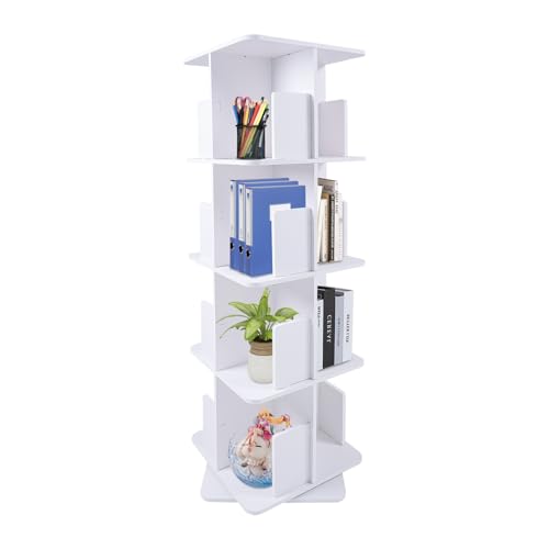 YESTAIM 4 Etagen Drehbares Kleines Eck-Stehendes Bodenstehendes Multifunktionaler Bücherregal Organizer Aus Massivholz Rustikal 360° Display Multifunktionales Für Aufbewahrungsregal Holz Weiß von YESTAIM