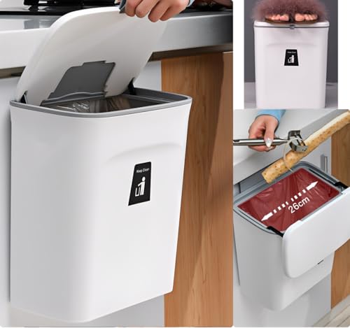 YESTAIM 9L Klein Abfalleimer Hängender Küchenmülleimer Mülleimer Küche Küchenabfalleimer Wohnwagen Komposteimer Hängend Aufhängen Aufhängbarenzum Mit Deckel Wandmontage Für Wohnmobil Badezimmer Weiß von YESTAIM