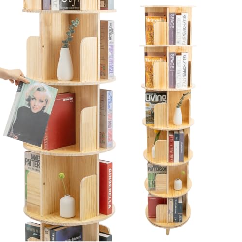 YESTAIM Sechsstöckiges Drehbares Bücherregal Aus Massivholz - Rustikal - 6 Etagen - 360° Display - Multifunktionales Bücherregal von YESTAIM