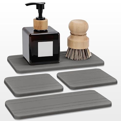 Badematte Stein,Steinmatte Badezimmer 4-teiliges wasserabsorbierendes Kieselgur-Tablett, Seifenschale for die Küche, Seifenschalen aus Kieselgur for das Badezimmer, Schwammhalter for die Küchenspüle(D von YETGFBH