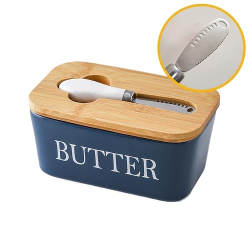 Butterdose,Butterdose Keramik Butterdose mit Deckel for die Arbeitsplatte – Butterbehälter mit Keramiküberzug und Messer for den Kühlschrank, luftdichter Butterbehälter(Blue) von YETGFBH