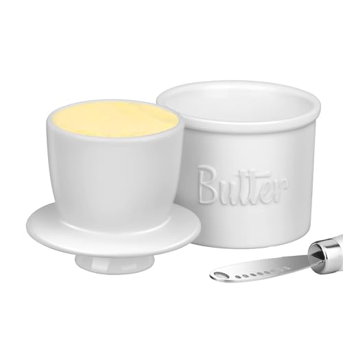 Butterdose,Butterdose Keramik Buttertopf for die Theke mit Buttermesser auf Anfrage, streichfähige Butter, Keramik-Butterdose im Glockenstil, Butterdose mit Deckel(WHITE) von YETGFBH