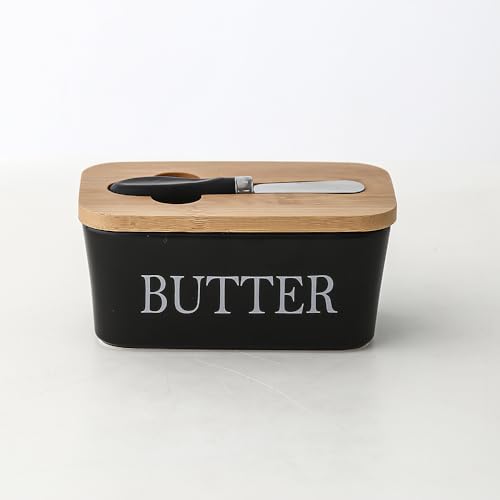 Butterdose,Butterdose Keramik Rechteckige Keramikbutterbox, versiegelte Dose mit Bambusdeckel und Messer, Haushaltskäsebehälter(Black) von YETGFBH