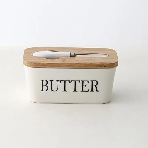 Butterdose,Butterdose Keramik Rechteckige Keramikbutterbox, versiegelte Dose mit Bambusdeckel und Messer, Haushaltskäsebehälter(WHITE) von YETGFBH