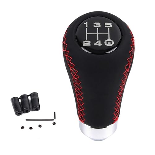 Schaltknauf,Shift Knob Universal Auto Schaltknauf Auto 5/6 Geschwindigkeit Schwarz PU Leder M8 Mit 3 Schläuchen Schaltgetriebe Schaltknauf(Red line 5 speed) von YETGFBH