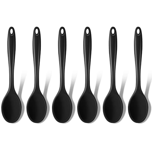 6 Stück Plastiklöffel, Kochlöffel Silikon Rührlöffel Hitzebeständig Serviertischlöffel Antihaft Silikon Löffel für Camping-Essen Kochen Rühren Mixen Backen, 20,3cm, Schwarz von YEWCEP